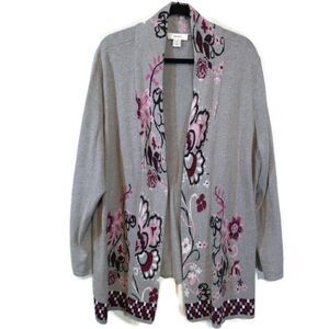 CJ Banks Long Line Open Front Cardigan - Gray/Burgundy/Pink 2X